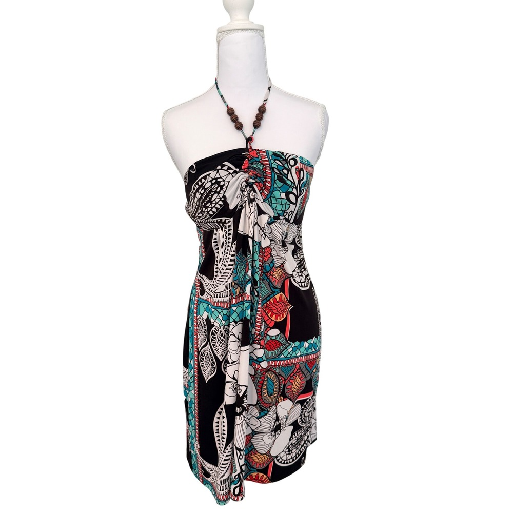 En Focus Studio Halter Dress Womens 10 Black Multi Floral Paisley Beaded Neck